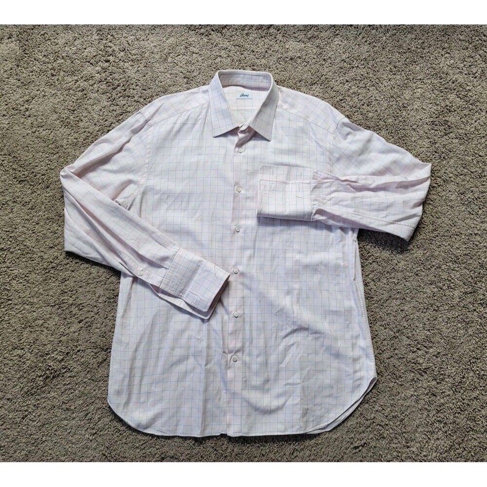 Brioni Windowpane Pink Plaid French Cuff Dress Shirt Cotton Mens 43/17 Italy